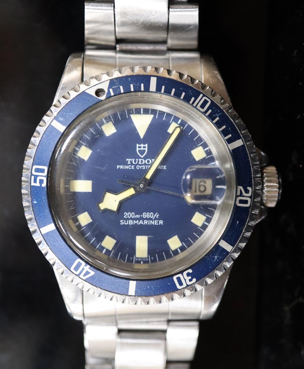 A gentlemans early 1980s stainless steel Rolex Tudor Prince Oysterdate Snowflake Submariner automatic bracelet wrist watch,
